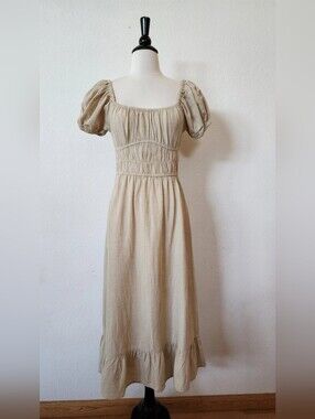 Beige Puff-Sleeve Midi Dress - Classic Square Neck